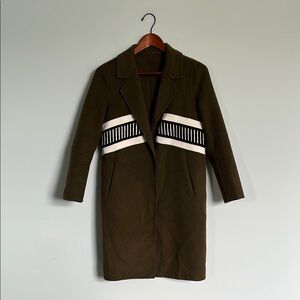 Olive Green 100% Wool Coat with Striped Detail Women’s Size S